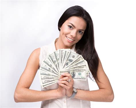 Happy Woman Holding Us Dollar Bills Stock Image Image Of Female Beautiful 54033313