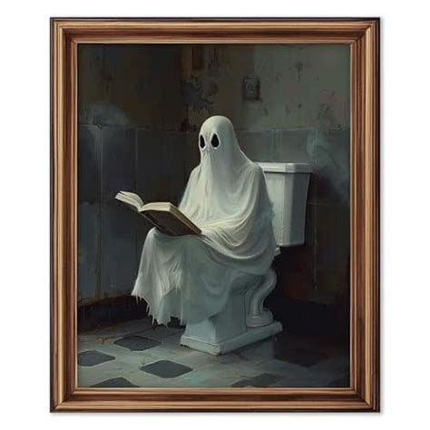 Ghost Reader In Toilet Halloween Art Print For Bathroom