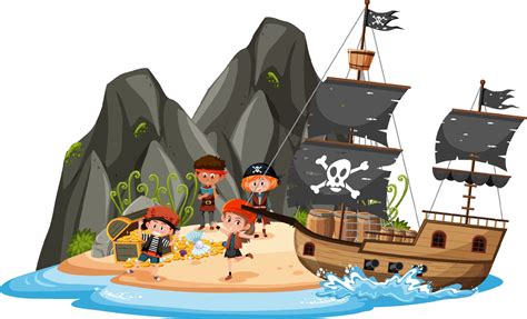 Pirate ship on island with many kids isolated on white background ...