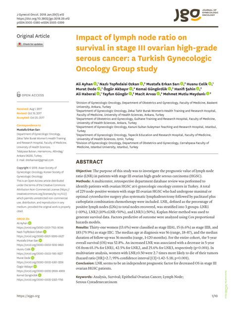 Pdf Impact Of Lymph Node Ratio On Survival In Stage Iii Ovarian High