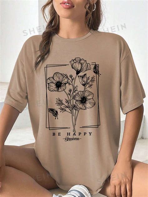 Shein Ezwear Camiseta De Hombros Caídos Con Estampado Floral Con Letra