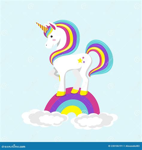 Unicorn Standing On Rainbow Flat Vector Illustaration Stock Vector