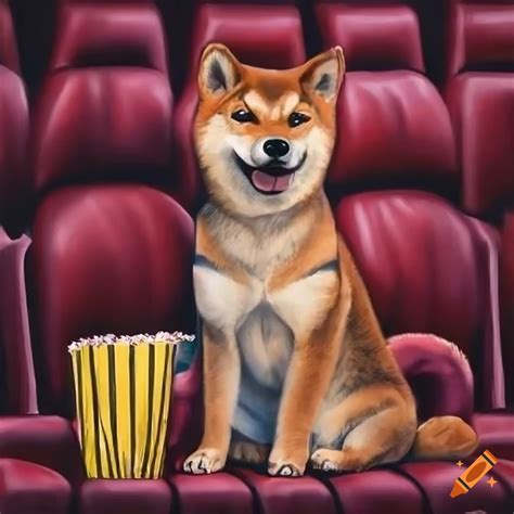 Hyper Realistic Portrait Of A Shiba Inu Enjoying Popcorn At A Movie