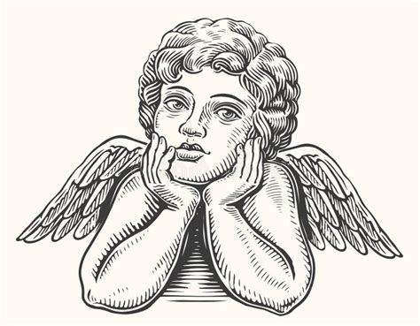 Hand Drawn Pensive Angel Child With Wings Cherub Or Cupid Sketch