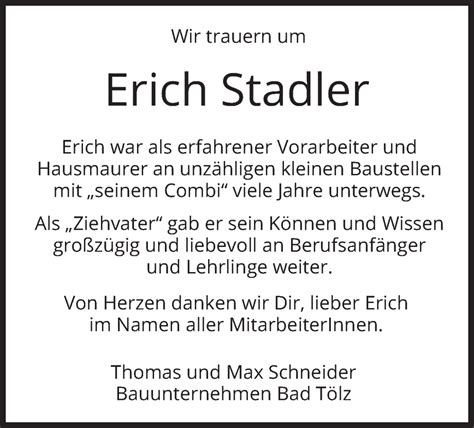 Traueranzeigen Von Erich Stadler Trauer Merkur De