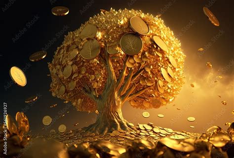 Golden Gold Coin Tree Has Coins As Leaves That Fall On Ground Idea For