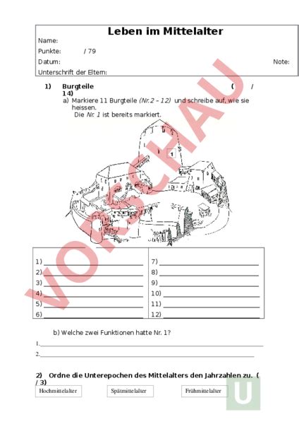 Arbeitsblatt Lernkontrolle Mittelalter Geschichte Mittelalter