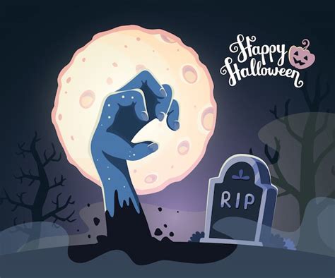 Halloween Illustration Der Zombiehand In Einem Friedhof Mit Vollmond