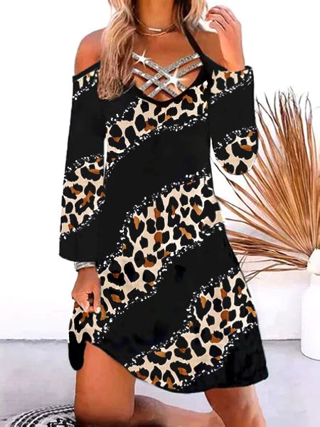 Leopard streamline pattern off-shoulder silver sequined webbing neckline sexy dress Casual V ...