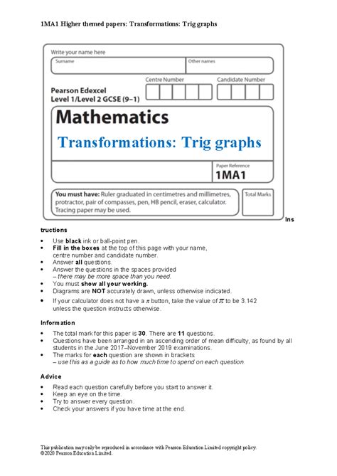 51a Transformations Trig Graphs H Question Paper - Ins tructions Use