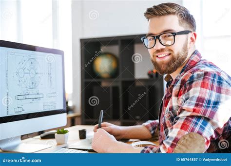 Happy Designer Drawing Blueprint On Computer Using Pen Tablet Stock