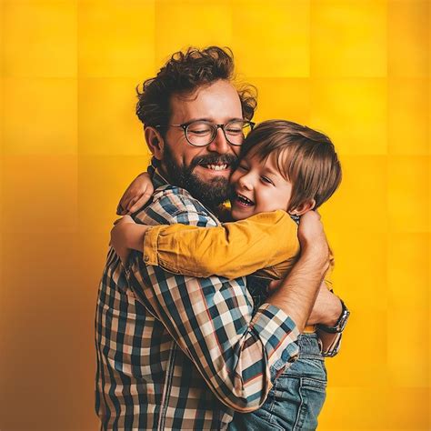 Feliz Dia do Pai pai e filho carinhosos abraçados em fundo amarelo