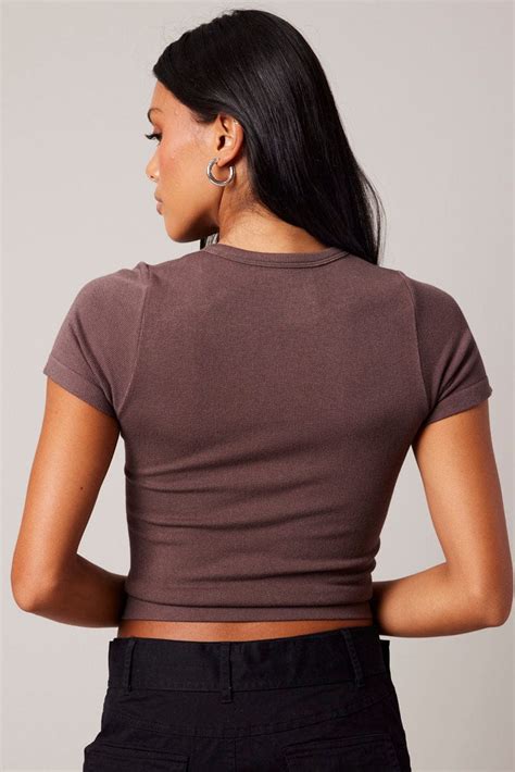 Brown T Shirt Short Sleeve Crew Neck Seamless Ally Fashion