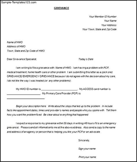 Formal Grievance Letter Template Sample Templates Inside Grievance