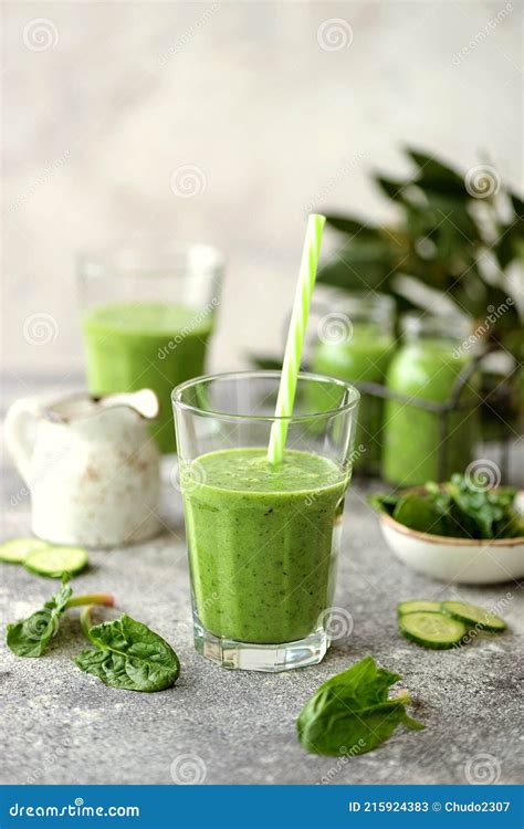 Healthy Spinach Cucumber Kiwi Parsley Smoothie With Mineral Water