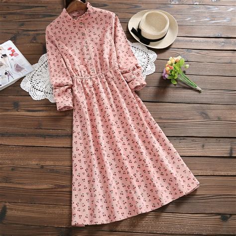 Cherry Printed Pink Dress New Autumn Winter Women Long Sleeved Retro A