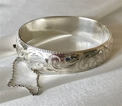 Sterling Silver Wide Hinged Bangle Bracelet With Safety Chain Victorian