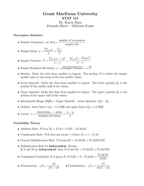 Formula S Midterm S And Final S Stat Grant Macewan University