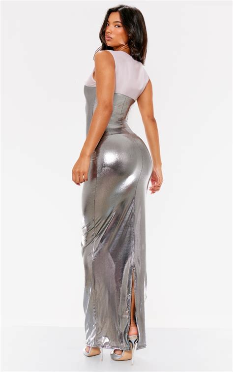 Silver Metallic Slinky Mesh Panel Racer Maxi Dress Prettylittlething Usa