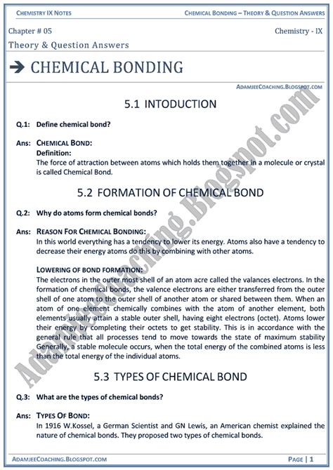 Adamjee Coaching Chemical Bonding Theory Notes And Question Answers