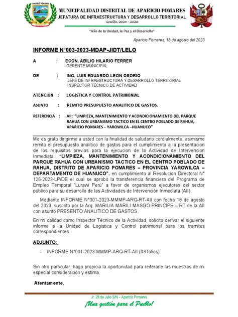 Informe N°003 2023 Remito Analitico De Gastos Lurawi Rahua Pdf