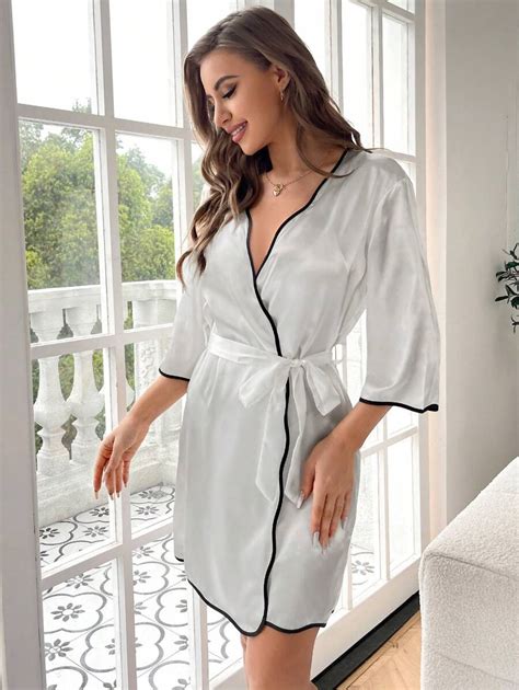 Contrast Binding Belted Satin Robe Shein Usa