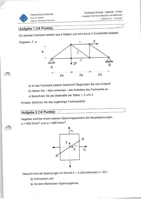 Tm Klausuren Technische Mechanik Klausuraufgaben Studocu