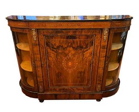 Burled Walnut Inlaid Satin Wood English Victorian Credenza Circa