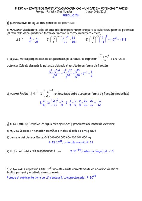 Examen Matem Ticas Tema Potencias Y Ra Ces Eso Ex Menes De