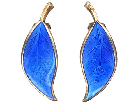 Silver And Blue Enamel Clip On Leaf Earrings By David Andersen 543n