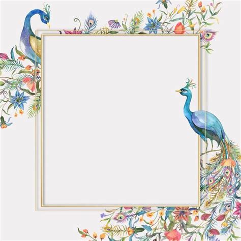 Gold Frame With Watercolor Flower And Peacock Illustration