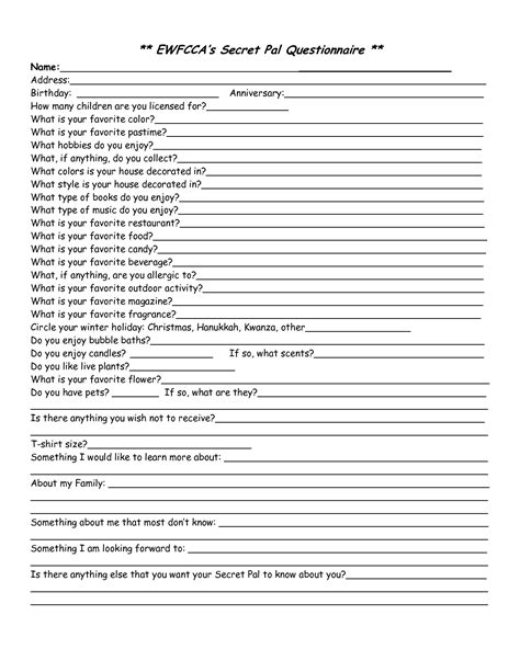 Secret Pal Questionnaire Free Printable