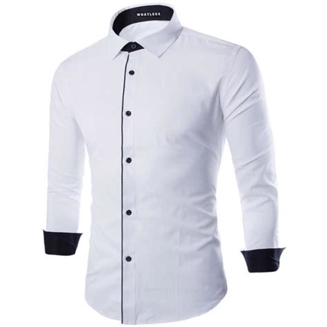 Chemise Homme Blanc Noir Slim Fit Manche Longu Blanc Achat Vente Chemise Chemisette