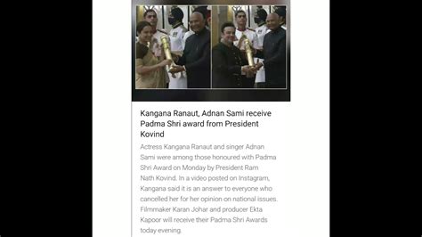 Kangana Ranaut Adnan Sami Recieve Padma Shri Award From President