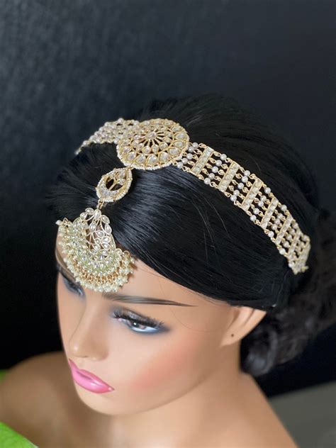 Kundan Pearl Head Band Sheesh Phool Tikka Damini Gold Etsy