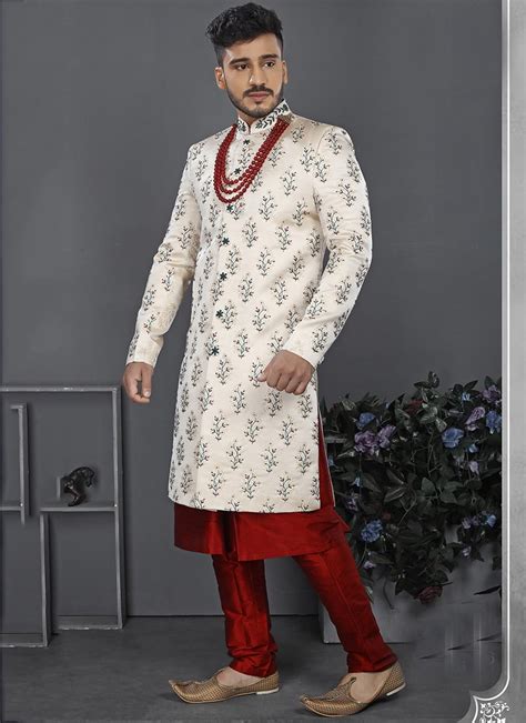 Buy White Jacquard Art Silk Embroidery Classic Sherwani Wedding Wear