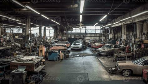 Old Rusty Machinery In A Messy Auto Repair Shop Workshop Generated By