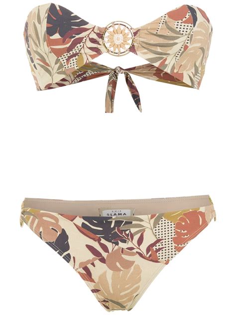 Amir Slama Palm Leaf Print Bikini Neutrals FARFETCH