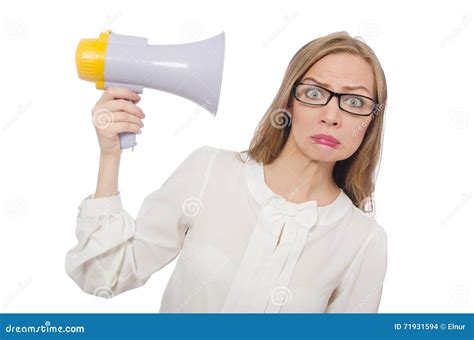 La Mujer Con El Altavoz Aislado En Blanco Foto De Archivo Imagen De