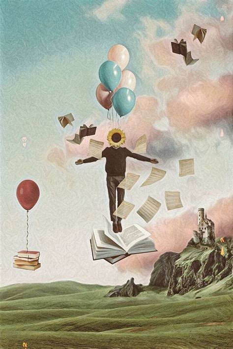 A Man Flying Through The Air While Holding Onto Books And Balloons In