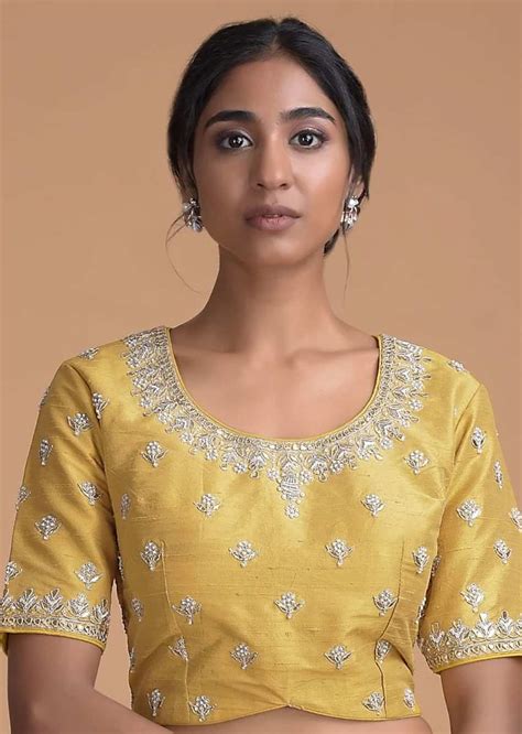 Buy Cyber Yellow Blouse In Raw Silk With Zardosi Embroidered Buttis And