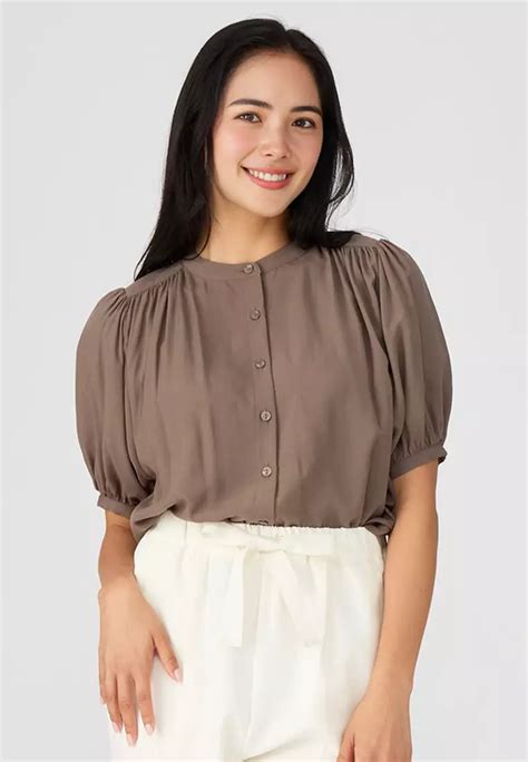 Buy Comcoca Puff Sleeve Rayon Collarless Blouseregular Fit