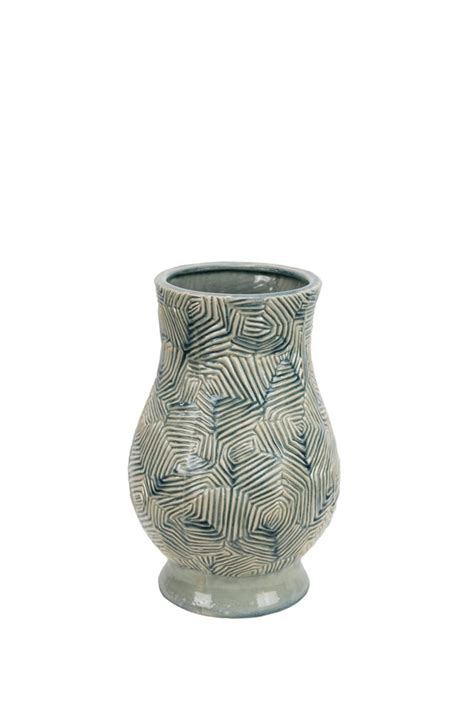 Beautiful Ceramic Zig Zag Patterned Curvy Vase Blue And White