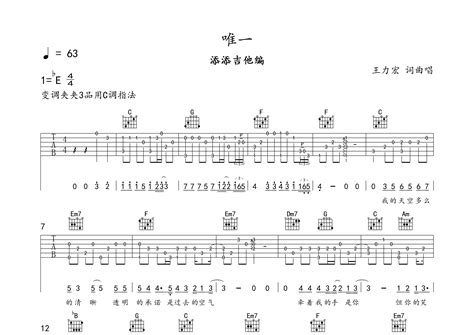 唯一指弹吉他谱王力宏独奏六线谱添添吉他上传 吉他屋乐谱网