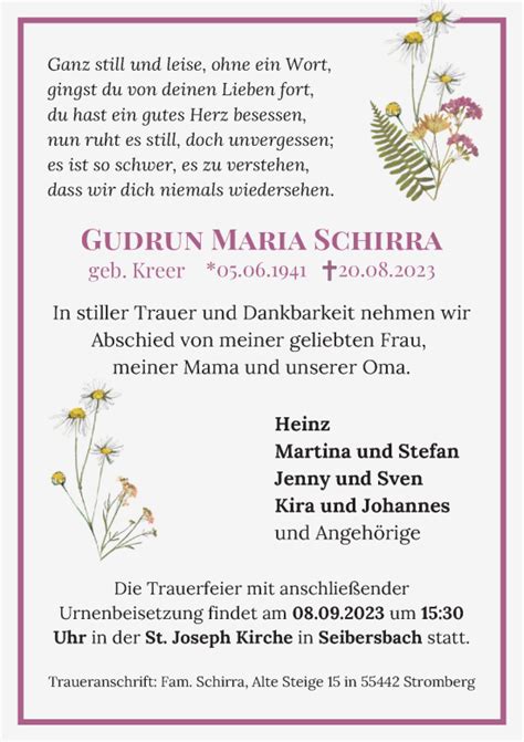 Traueranzeigen Von Gudrun Maria Schirra Rz Trauer De