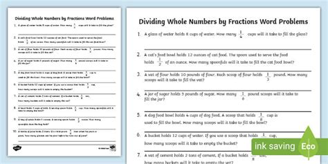 Dividing Whole Numbers By Fractions Word Problems Twinkl