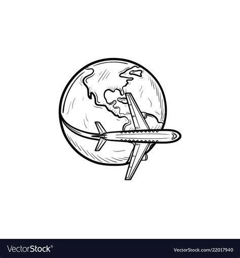 Airplane Flying Around World Hand Drawn Royalty Free Vector