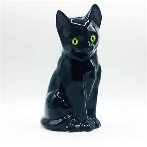 Vintage Black Cat Figurine 1970s 1980s Green Glass Eyes 20th Etsy