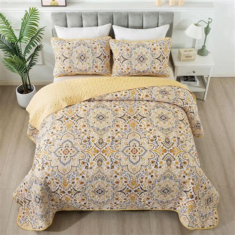 Bohemian Quilt Set Yellow Boho Quilt Set Queen Quilt Coverlet Set