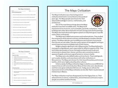 The Maya Civilization Reading Comprehension Passage Printable Worksheet